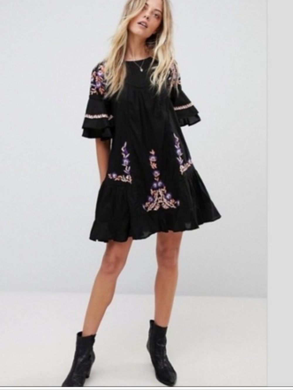 Free People Black Mini Dress with Pink & Purple Embroidery